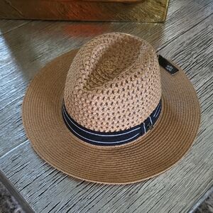 Tan and Black Fedora Hat with Wide Brim